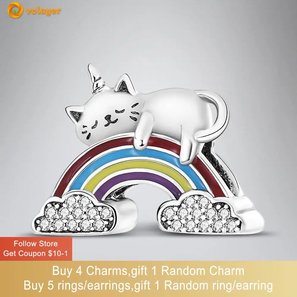 

Volayer 925 Sterling Silver Beads Rainbow Cloud Cat Charm fit Original Pandora Bracelets for Women Jewelry Making Gift