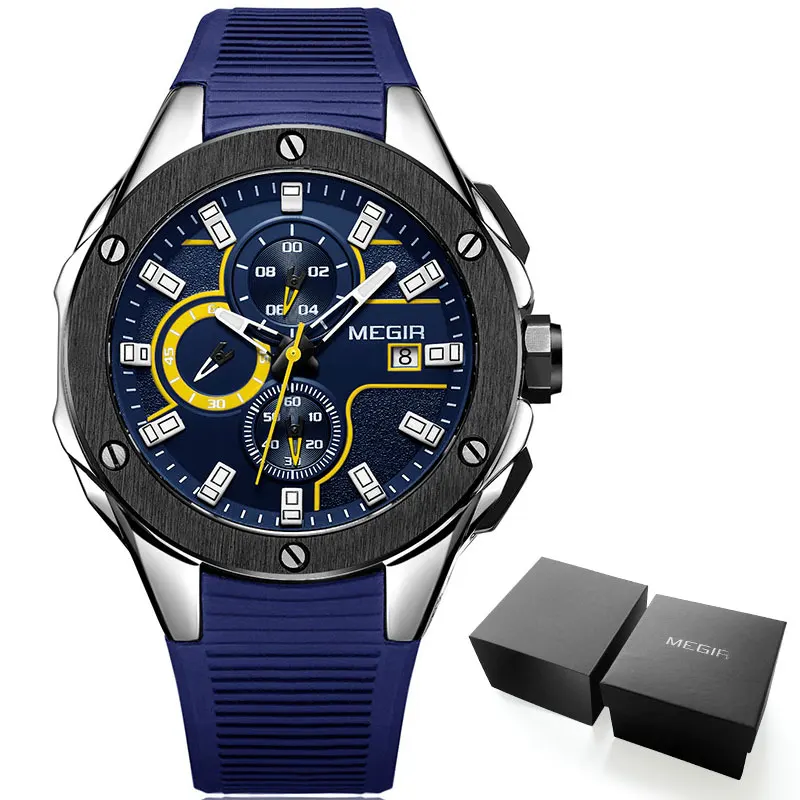 MN2053G-Blue MEGIR гоночные спортивные кварцевые часы для мужчин армейские водонепроницаемые светящиеся силиконовые наручные часы с хронографом 2053-1N0 - Цвет: MN2053G-Blue