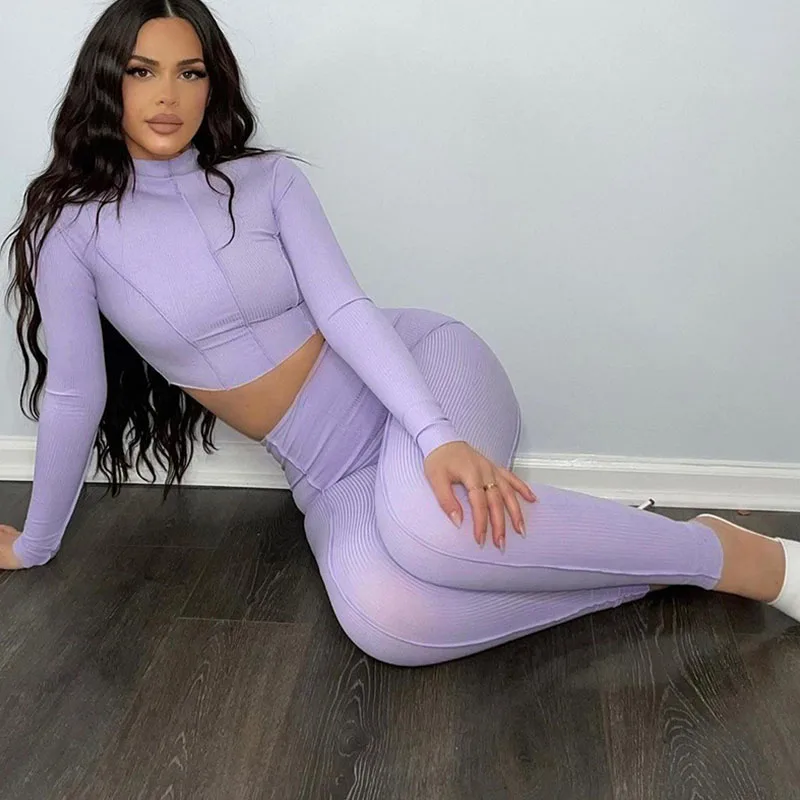 

Knitted Rib Bodycon Two Piece Set Women Clothing Sets Crop Top and Pencil Pants Sweat Suits Sportwear Fitness Casual Tracksuit