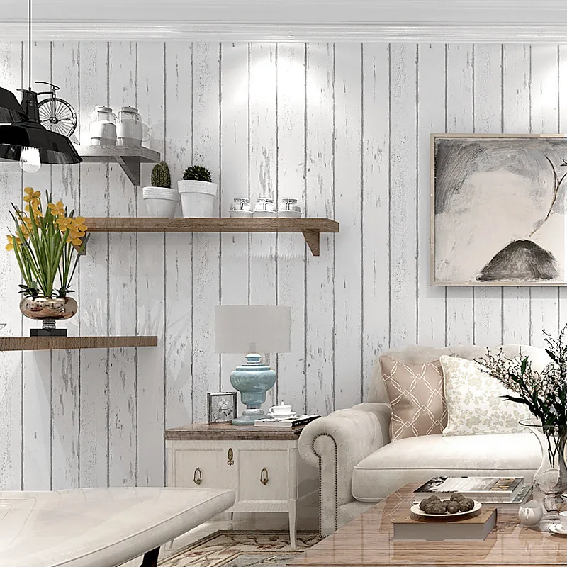 

beibehang White stripes retro Mediterranean style nostalgic wood grain non-woven wallpaper bedroom living room background wall