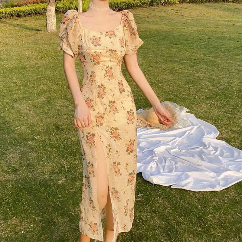 

Женское летнее длинное платье с цветочным принтом, с высоким разрезом