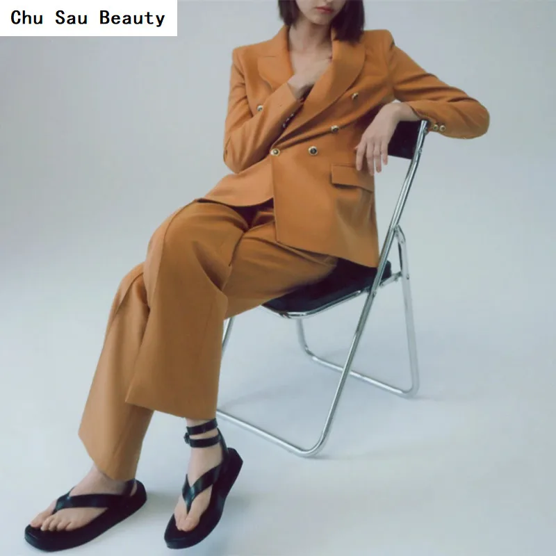 

Chu Sau Beauty 2021 новый женский костюм хаки куртка Осенняя мода двубортное пальто средней длины с длинным рукавом в стиле High Street
