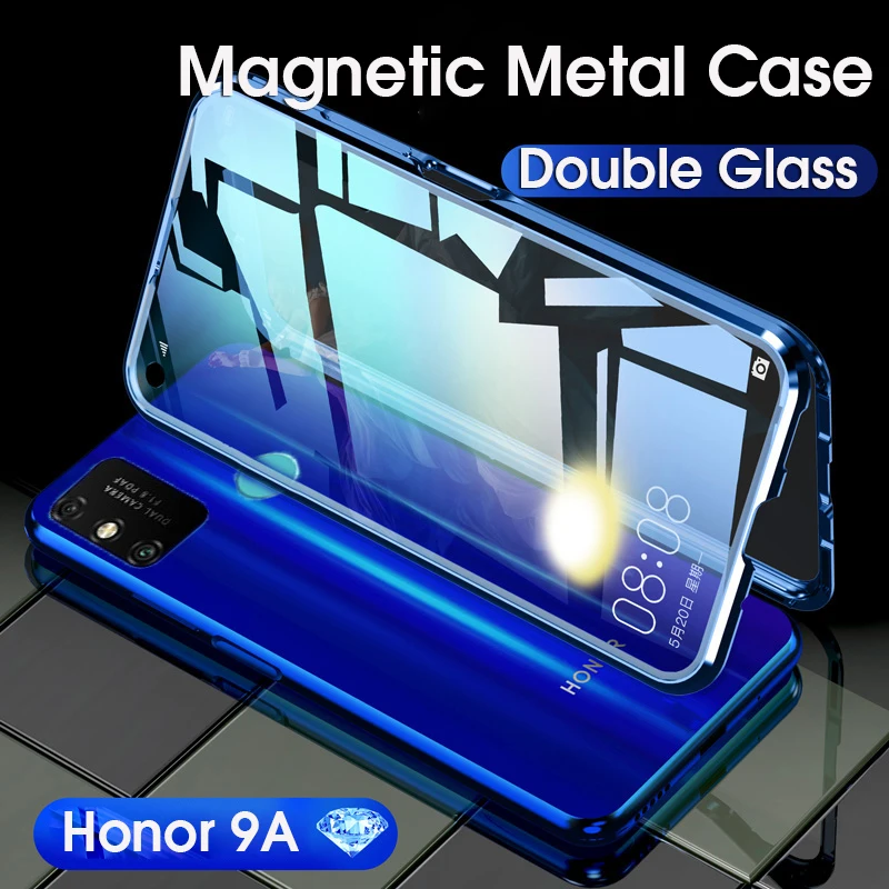 Магнитный металлический чехол для Huawei Honor 9A двухсторонний из закаленного стекла