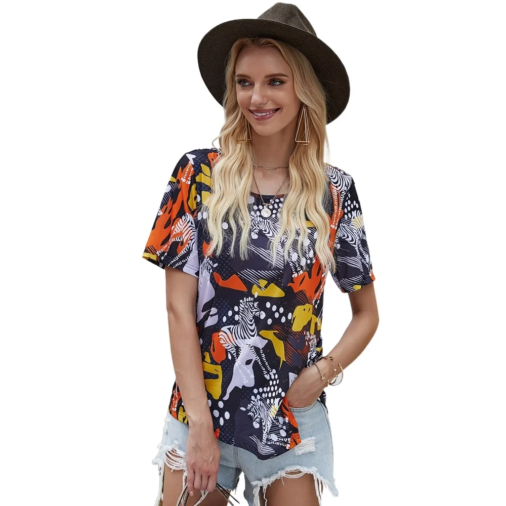 

2021 Trend Summer Top Mujer Loose Waist Graphic Tee Vintage Elastic Woman Tshirts Feminina O-neck Short Sleeve Shirts for Women