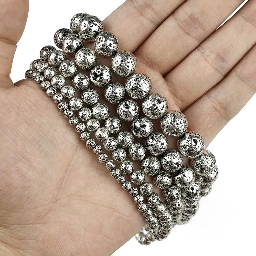 Antique silver JHNBY серебряный, черный, серьги из розового золота с натуральным вулканического камня Hematit 4/6/8/10/12 мм круглые бусины для изготовления ювелирных изделий браслет и ожерелье ювелирных изделий DIY - Цвет: Antique silver