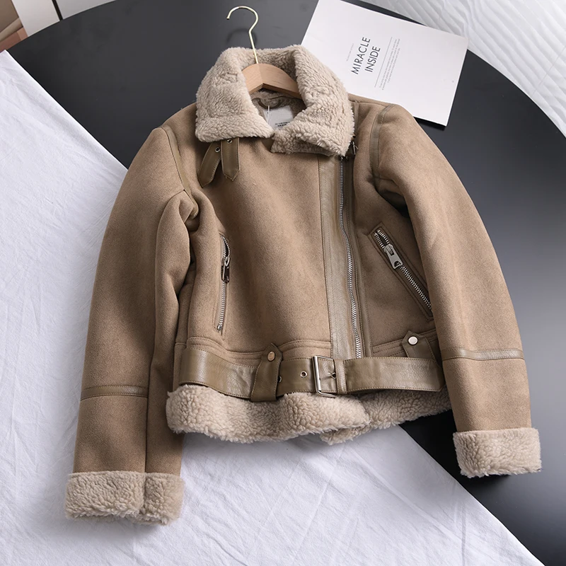 Ailegogo Winter Women Thick Warm Suede Lamb Jacket Short Motorcycle Brown Coats Faux Shearling Sheepskin Leather Jackets Outwear enlarge