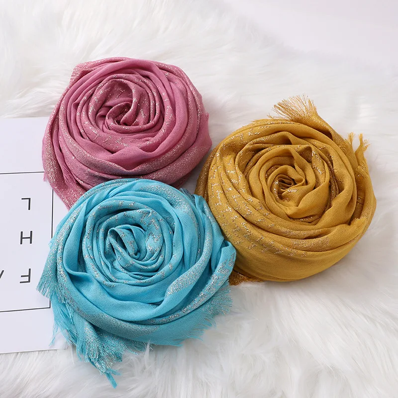 

Gold Thread Cotton Scarf Hijab for Muslim Women Islam Plain Tassel Trimed Hijabs Fashion Autumn Turban Headscarf Lady Head Wrap