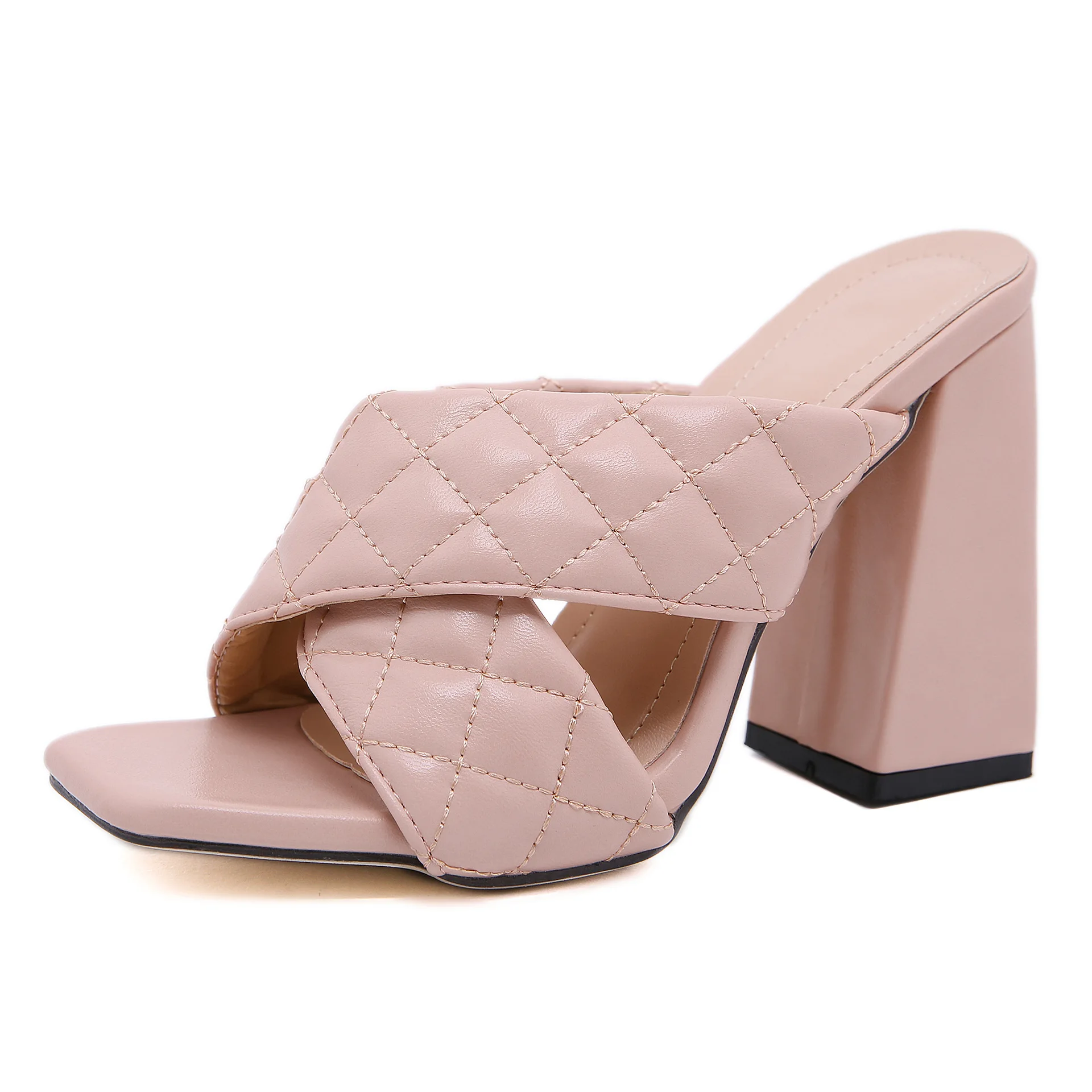 

Women's shoes 2020 New Design fashion square head lattice thick heel cross sandals slippers high heels women Beach Sandals