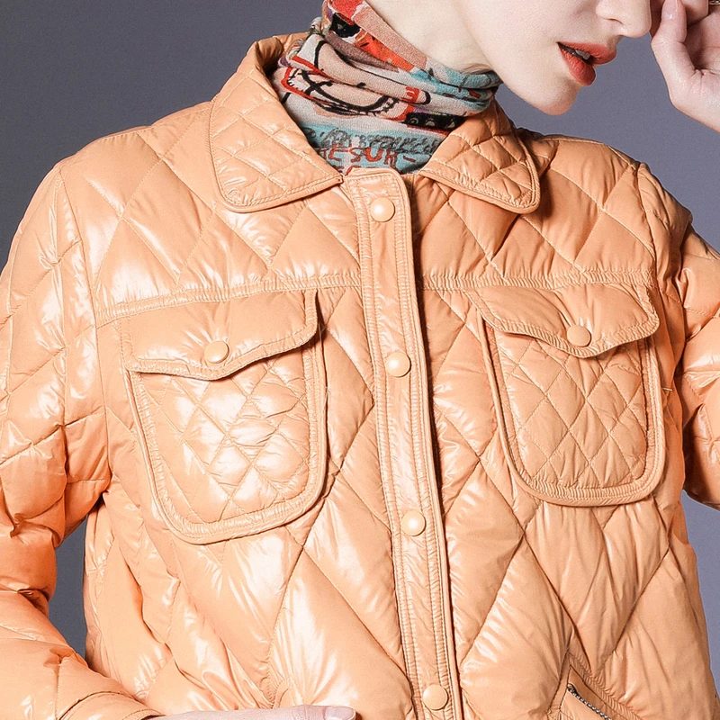 Fashion Trend Warm Lightweight Super Hot Pocket Overcoat Female Plus Size Midi Women's Winter Orange Puffer Down Jacket