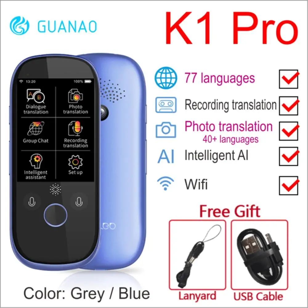K1 PRO Blue Boeleo W1 3,0 AI переводчик портативное голосовое устройство умный бизнес путешествия арабский обучение 117 языков межпереводная машина - Цвет: K1 PRO Blue
