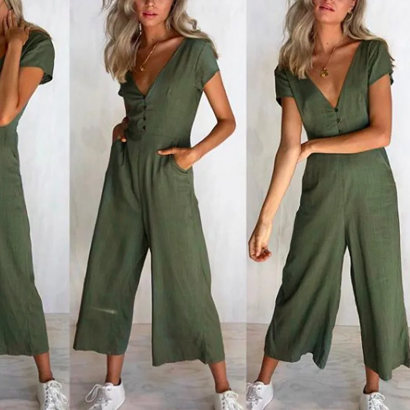 

Pop Summer Women Sexy Jumpsuit Deep V Short Sleeve Solid Color Casual Wide Leg Rompers Pants Pop 88