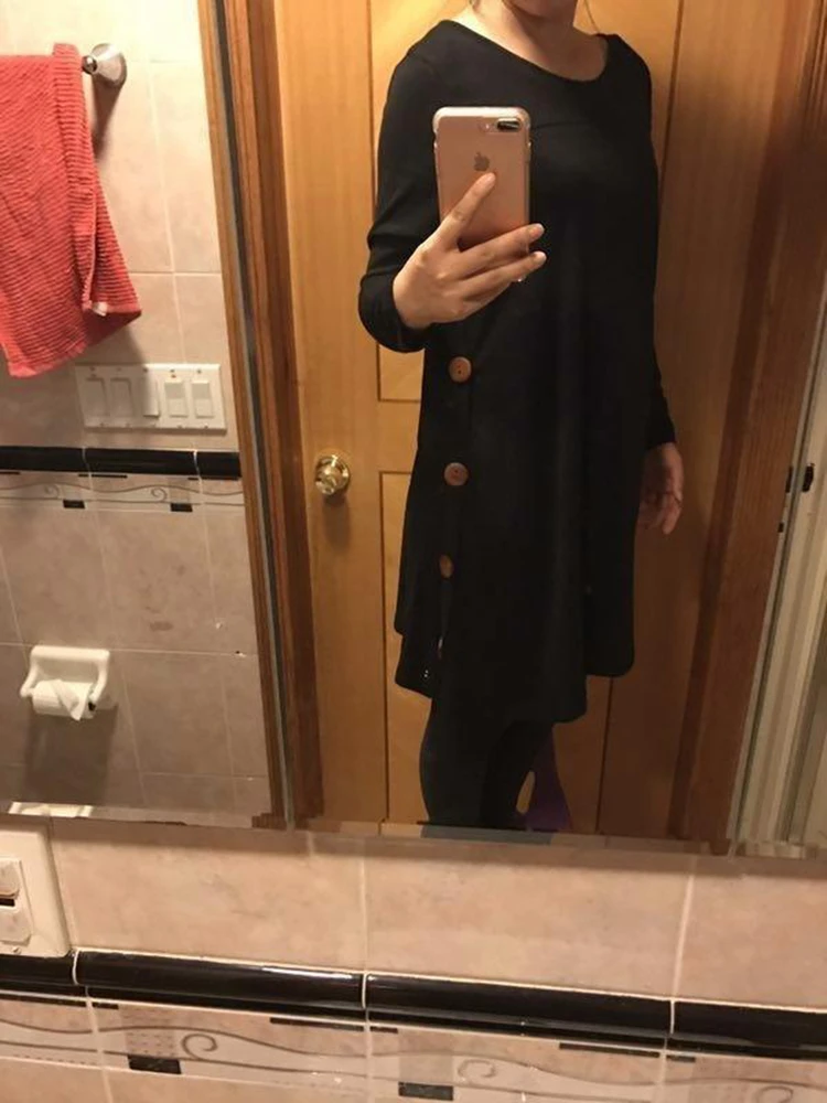 Женские повседневные платья свободного кроя, однотонная одежда для отдыха, длинный рукав, круглый вырез, пуловер, пуговица, боковая туника, платье для женщин, большие размеры