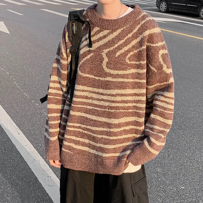 

Autumn Winter Striped Sweater Men's Warm Fashion Casual Retro Knitted Pullover Men Wild Loose Korean O-neck Sweater Mens Clothes