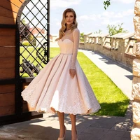 lovely hot sale short pink lace prom party dresses long sleeves jewel neck appliqued wedding guest gowns tea length back out