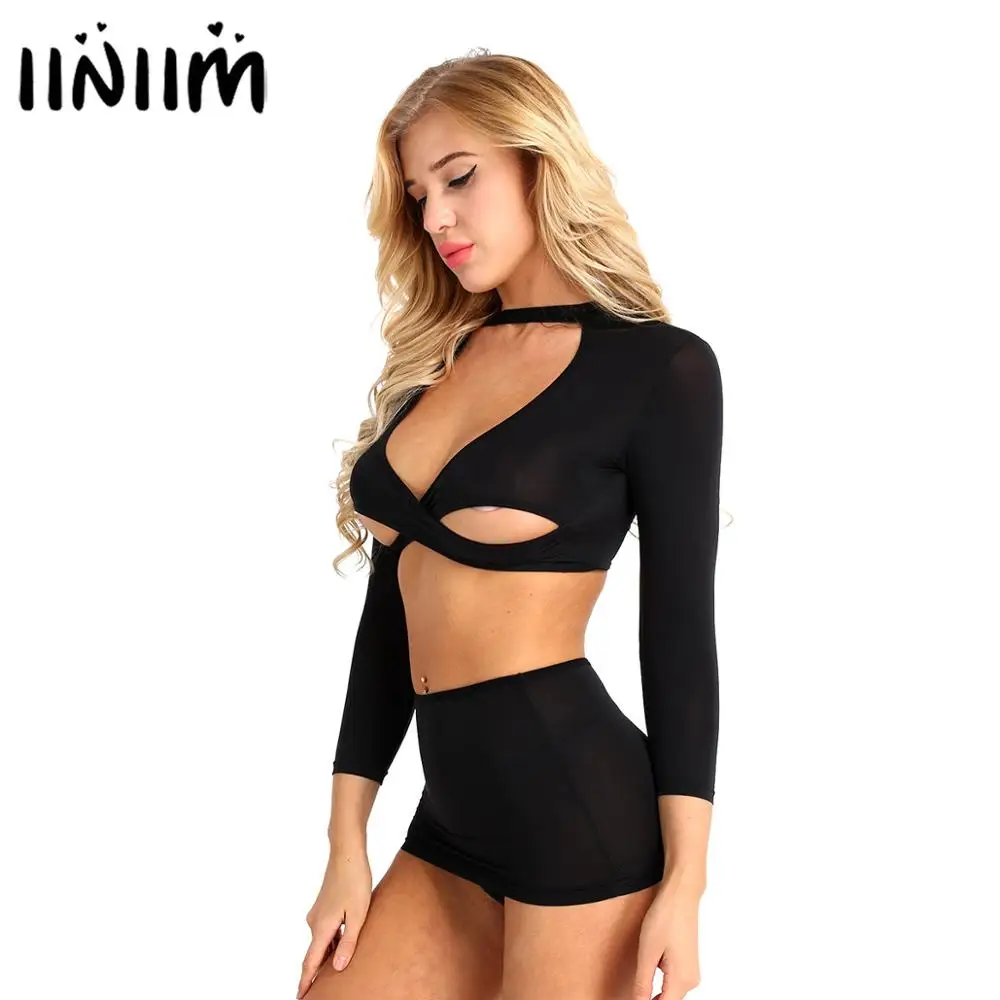 

3Pcs Women Ladies Secretary Uniform Cosplay Costumes Maid Sexy Clubwear Open Nipples Sheer Crop Top with Mini Skirt and G-string