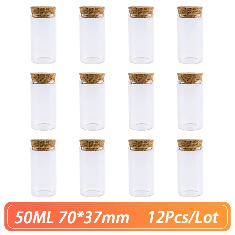 Frascos pequeños de vidrio para artesanías, Mini frascos vacíos transparentes de 70x37mm, 50ml, pequeños frascos, 12 unids/lote