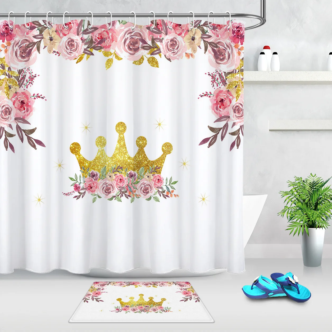 

Водонепроницаемая шторка для душа, занавеска из полиэстера с золотистой короной, акварель, розы, для ванной комнаты, домашний декор, несколь...