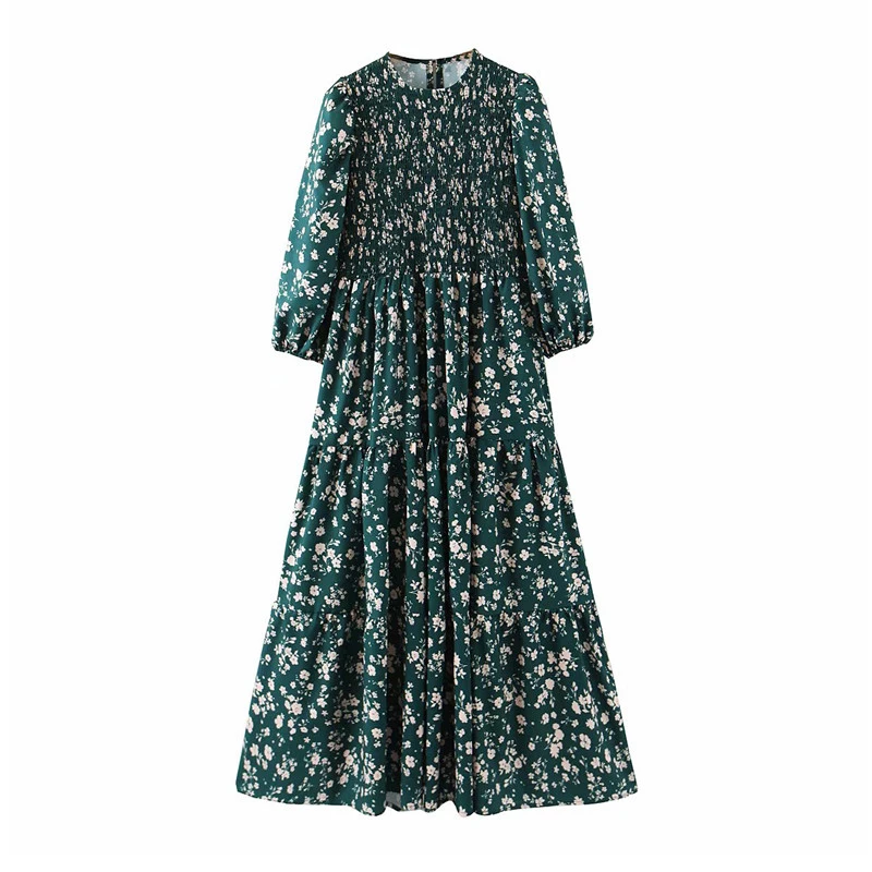 

casual wear stylish chic green midi dresses vestidos Vintage chic floral pattern print dress Bust elastic O neck long sleeve