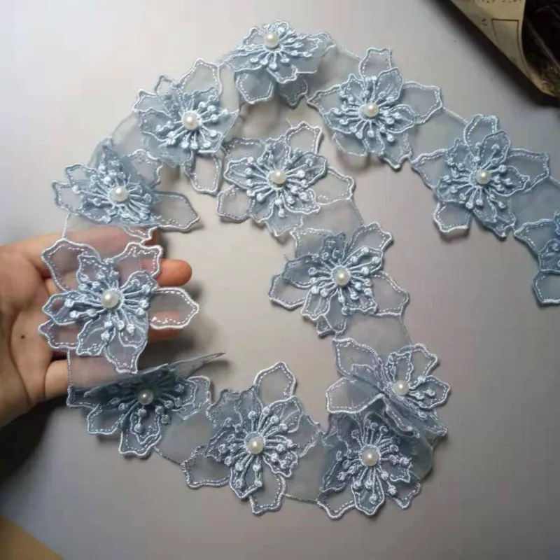 20 шт./лот 8 см ткань с вышивкой из органзы синими лепестками и цветами кружевная