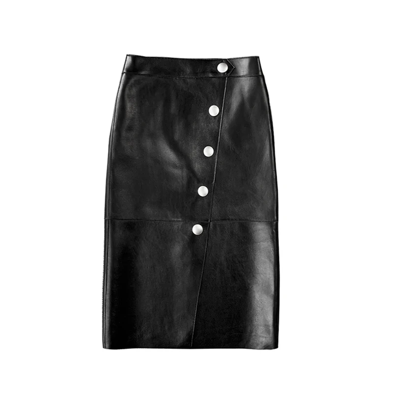 2020 New Winter Women French Retro Split Genuine Leather 65cm Long Skirt Female Knee Over Buttons Wine Red/Yellow Saia Faldas