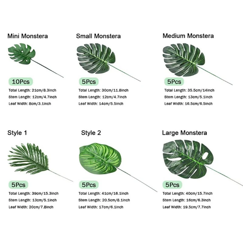 

103 Pcs Tropical Large Artificial Turtle Leaves with Stems Different Kinds Decor