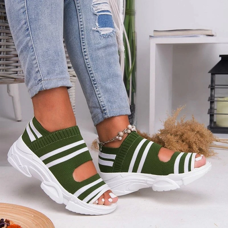 

2021 Women Sandals Shoes Striped Thick Bottom Sports Fish Mouth Sandals Casual Comfortable Ladies Plus Size Women Wedges Shoes
