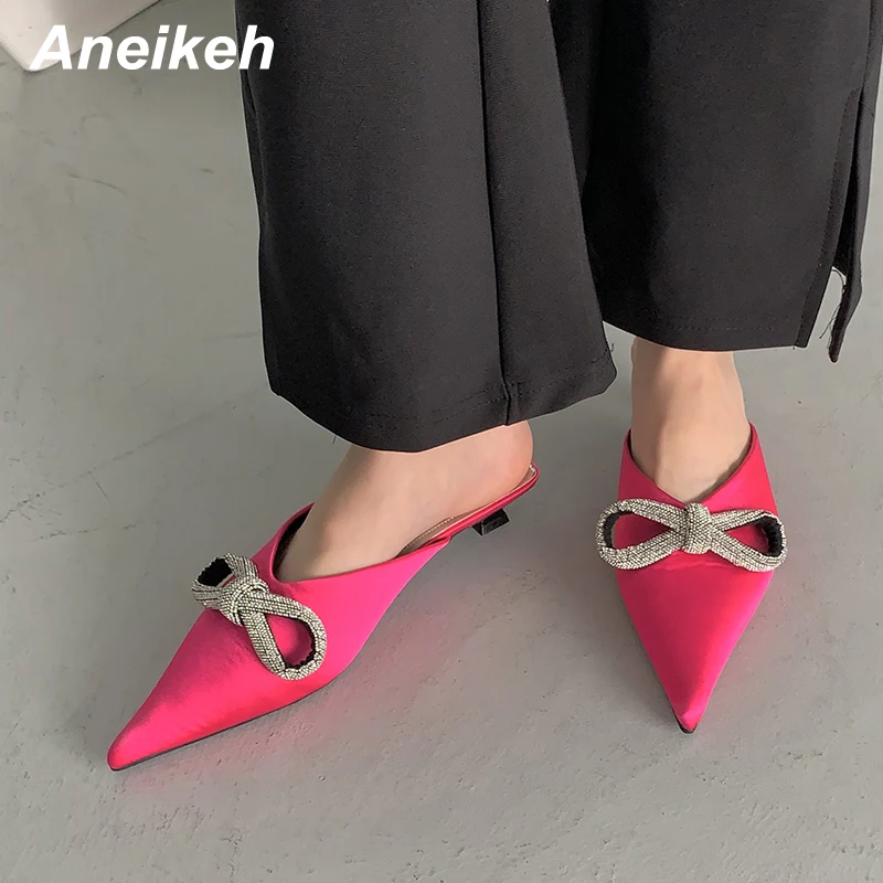 

Aneikeh Spring Women Shoes Mules 2022 Pointed Toe Pumps Stiletto Heels Sequined Cloth Butterfly-Knot Slip-On Casual Size 35-39