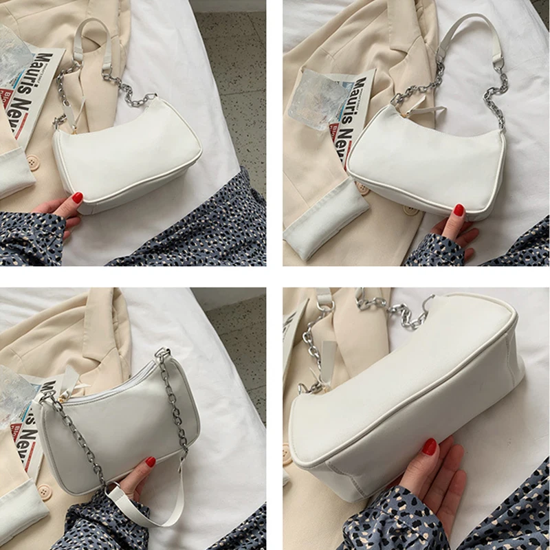 

Chains Soft Baguette Bag Luxury Designer White Women's Leather Shoulder Bags 2021New Fashion Purses And Handbags Female Bolsas