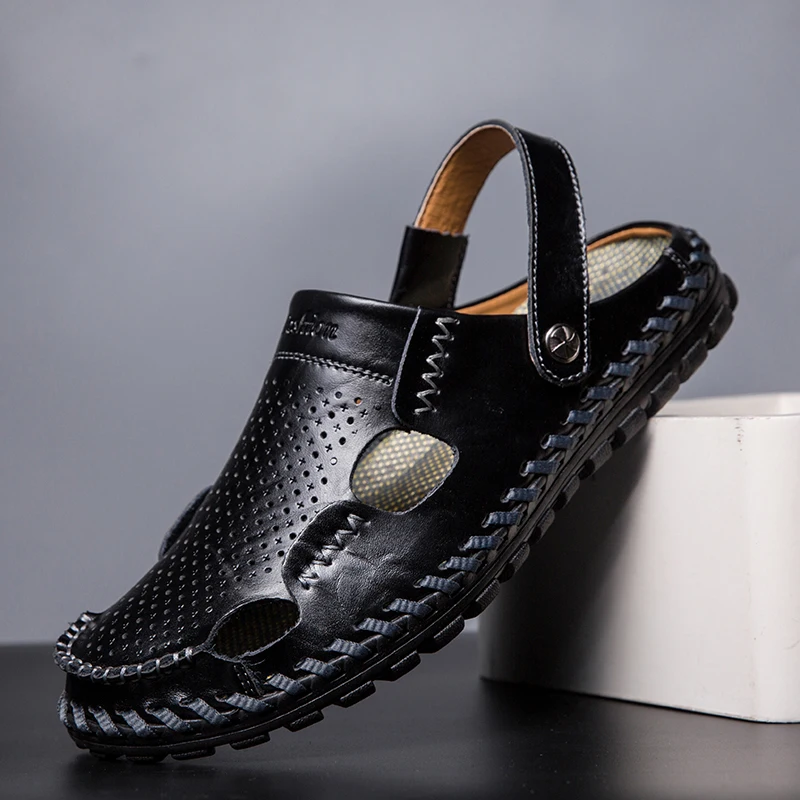 

SHENCE Genuine Leather Men Sandals Slippers Male Summer Shoes Outdoor Casual Sandals Cowhide Beach Shoes Two Uses Men's Sandals
