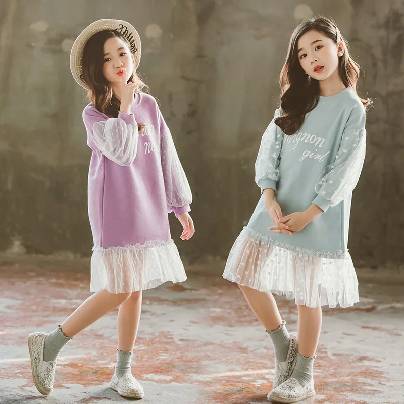 

Fashion Children Girls Dresses Long Sleeve White Lace Clothes Spring Autumn Teenage Clothing Baby Girl Dress Sweatshirt Dresses