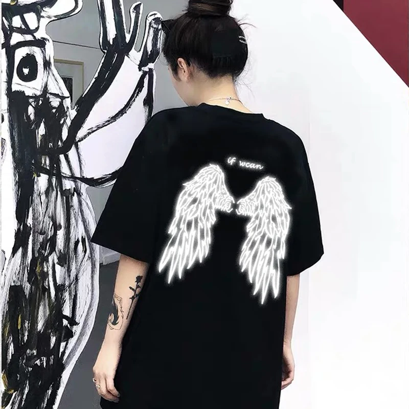 

Reflective wings printed short sleeve T-shirt personality fashion summer ins Oversized men and women lovers pure cotton clothes