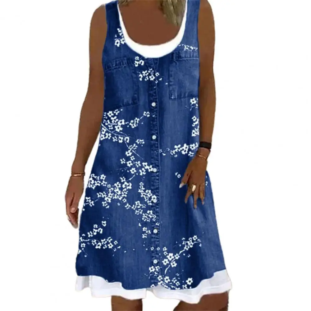 

Women Dress Digital Printing Sleeveless Two-piece O Neck Fake Pockets Casual Dresses Loose Waist Women's Dress