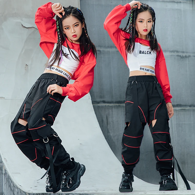 

Новинка Одежда для девочек в стиле хип-хоп Красные укороченные топы крутые Стильные брюки с длинными рукавами костюм для Бальных джазовых т...