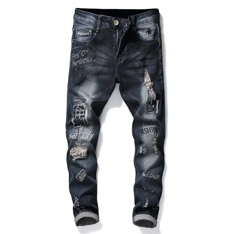 

Ripped Fashion Jeans Men's Pants Blue Straight Denim Trousers Male Streetwear Pleated Jeans Joggers Washed Stretch