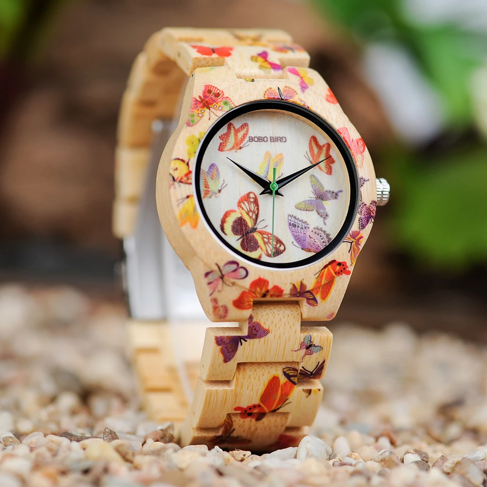 Женские бамбуковые часы BOBO BIRD дизайнерские с принтом и кварцевым механизмом