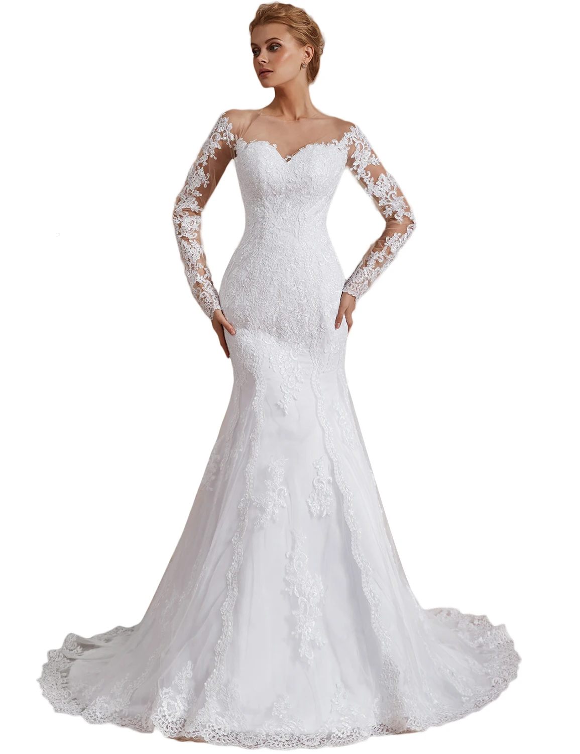 Vivian's Bridal модное свадебное платье из сетчатой ткани с длинными рукавами и кружевной аппликацией, свадебное платье со шлейфом