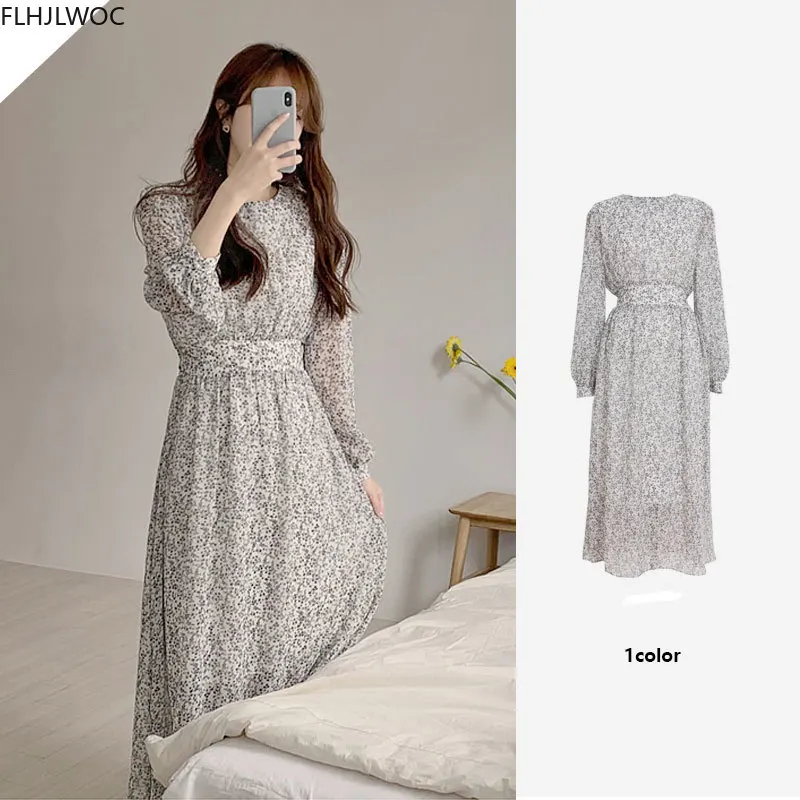 

Chic Korean Clothes Design Autumn Spring Womens Long Sleeve O Neck Elegant Lady Floral Printed Retro Vintage Long Dress 00921