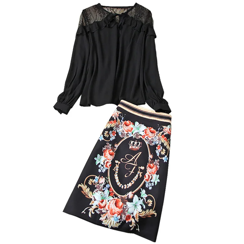 

AELESEEN Runway Fashion Women Autumn Set Vintage Ladies Office Black Ruffles Lace Blouse+Short Flower Print Skirts 2 Pieces Suit