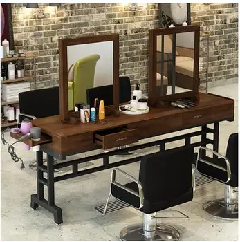 Real wood retro barber shop mirror desk hairdresser mirror salon dedicated to making old perm table floor single-sided mirror