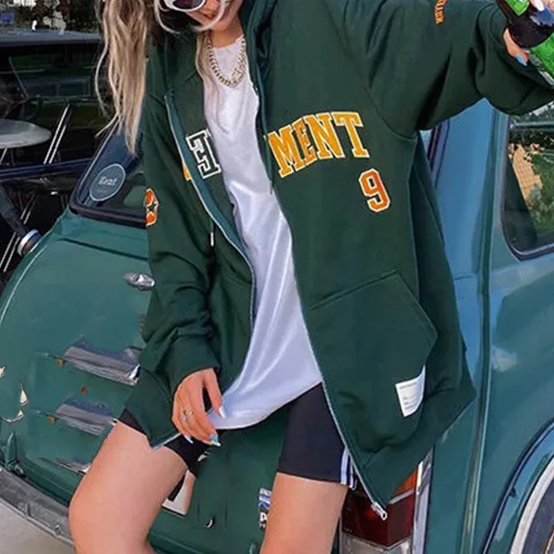 Кофта женская Свободная с капюшоном на молнии вышитыми буквами 2021 | Женская