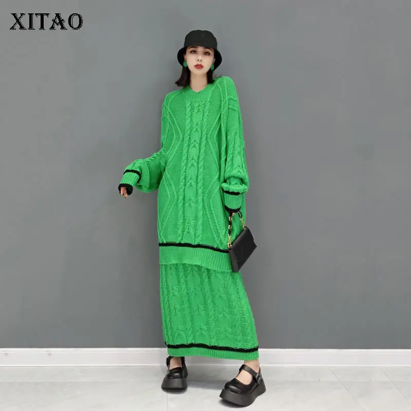 

XITAO новые женские вязаные наборы винтажный вязаный Свободный пуловер большого размера Топ однотонный Модный повседневный зимний Универсал...