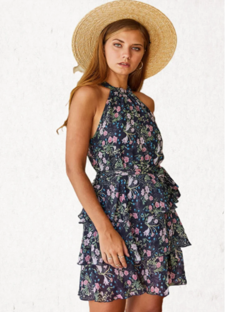 

2021 Summer Mini Dress Floral Print Sexy Lady Bohemian Casual Halter Strapless Skirt Holiday Temperament Female Clothing
