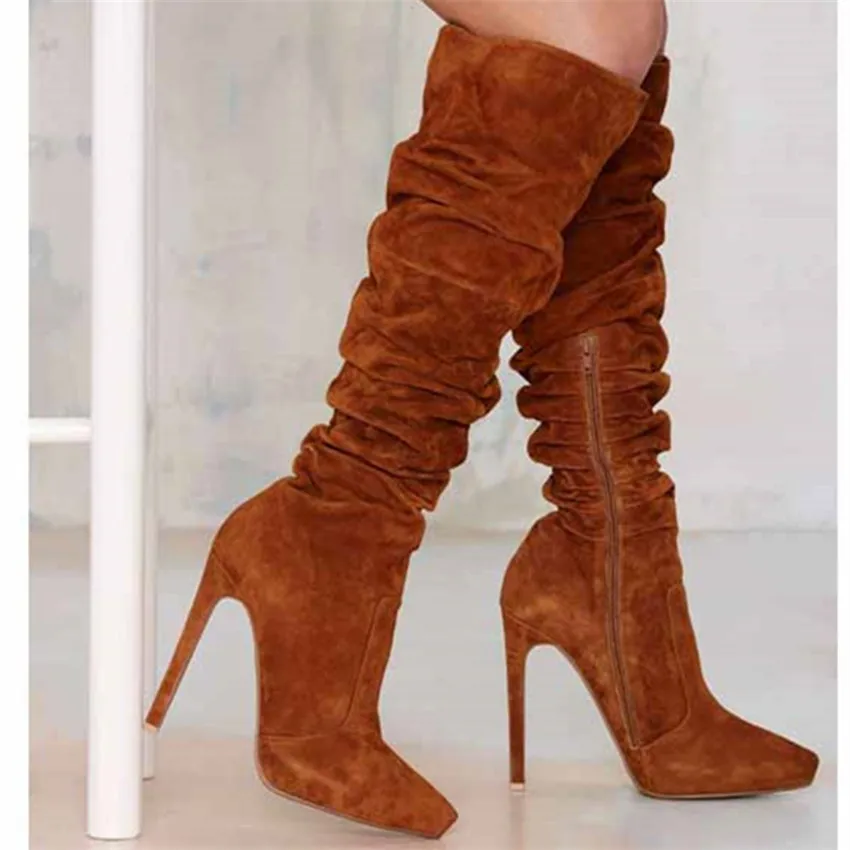 Женские Эластичные замшевые сапоги до колена на тонком высоком каблуке с острым