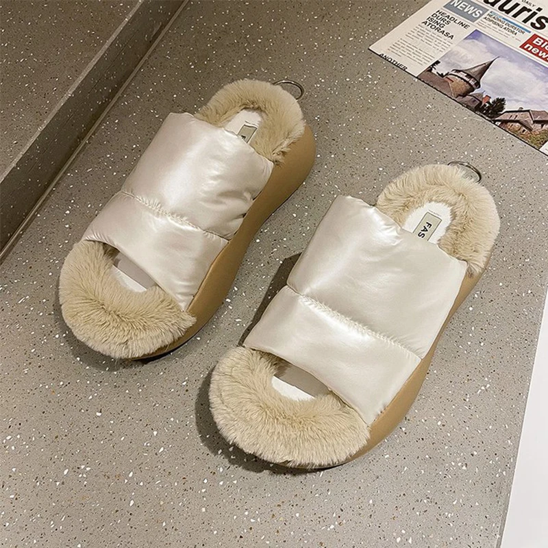 Shoes For Women 2021Winter Ladies Slippers Fashion Indoor Plush Faux Fur  Warm  Down Slip On Flats Sapatos Femininos