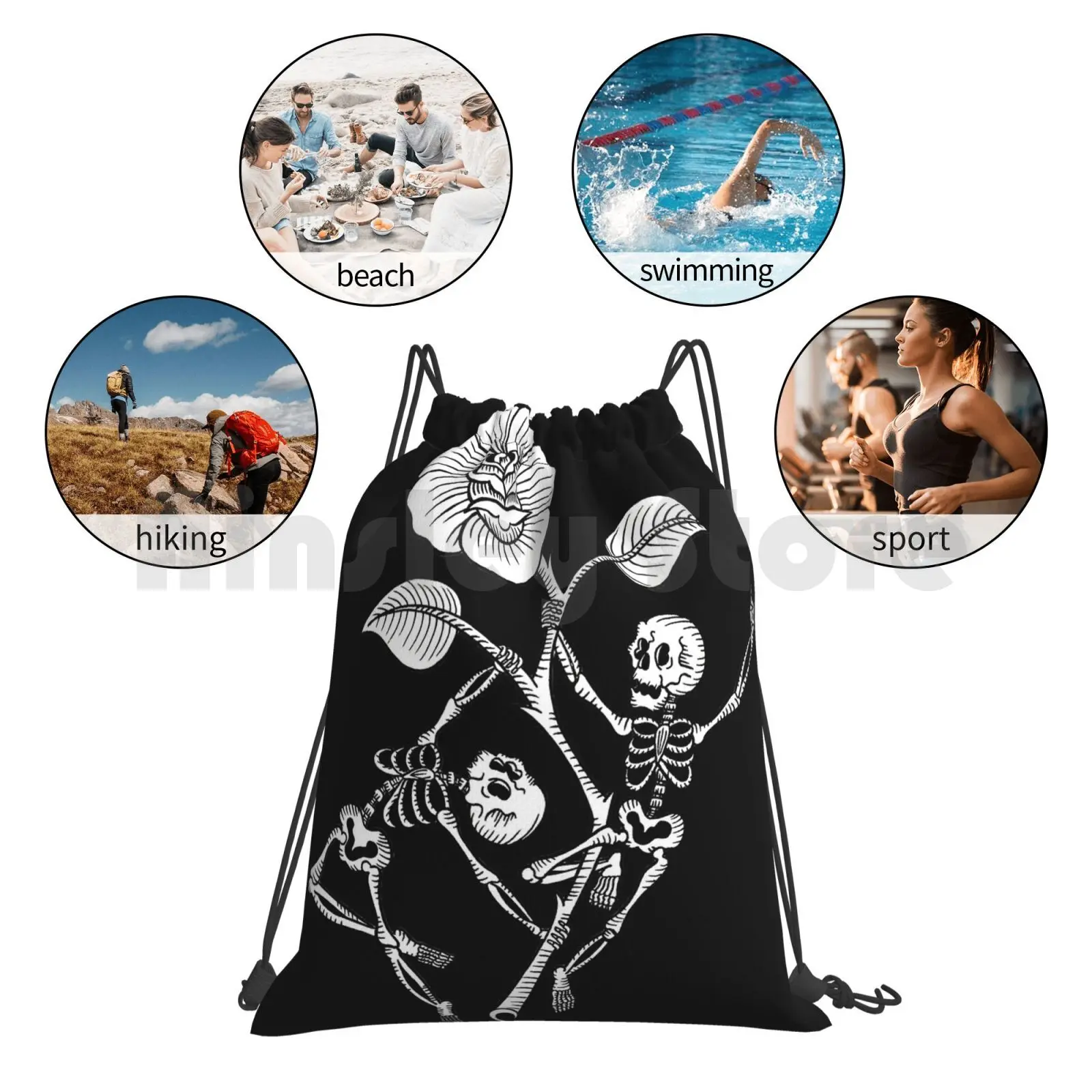 

Skeleton Pole Dance Backpack Drawstring Bag Riding Climbing Gym Bag Skeleton Tattoo Skulls Skull Dance Pole Flag Rose Thorn
