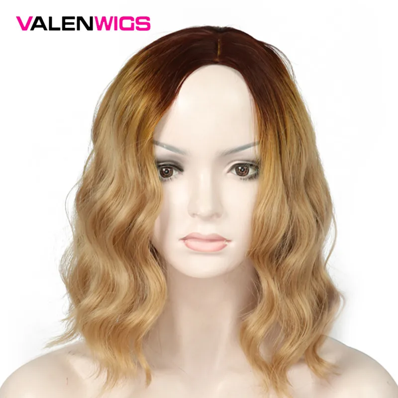 ValenWigs 16 дюймов эффектом деграде(переход от темного к коричневый блонд парики для черный/белый Для женщин средняя часть натуральные волнистые волосы синтетический парик ежедневные вечерние Косплэй