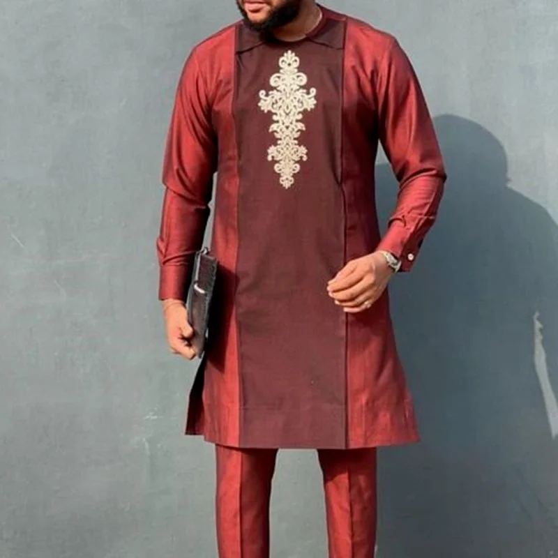 Islamic Men's Long Shirts Muslim Ethnic Straight Red Male Tops Spring Autumn Man Long Sleeve T-shirt African Clothing Ramadan