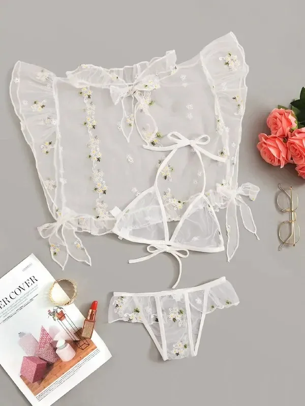 

2Pcs Women Bikini Set Sexy Sheer Daisy Floral Printing Off-Shoulder Crop Top + Bow Knot Tie-Waist Thong-Panty Underwear Sets