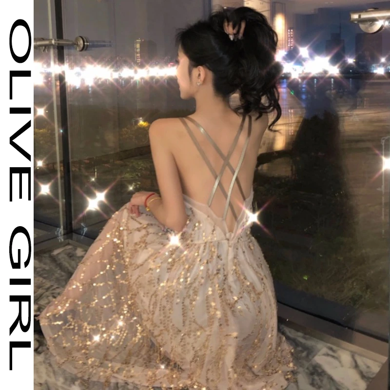 

Women Goddess Vintage Female Backless Princess Vestidos Summer Sexy Party Dress Shiny Sequined Lady Elegant Bandage Mesh Dress