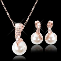 wedding jewelry set bride rose gold crystal faux pearl pendant necklace earrings